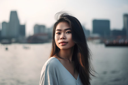 Beautiful asian woman on the beach in the evening with cityscape background.の素材