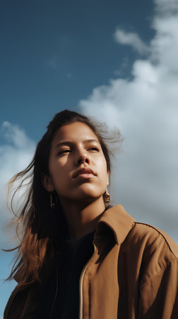 Portrait of a beautiful young woman with long brown hair in a brown coat on a background of blue skyの素材