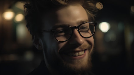 Portrait of a young handsome man with glasses on a dark backgroundの素材
