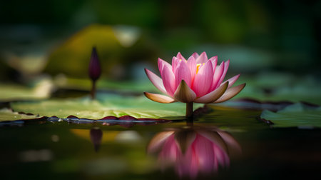 Beautiful pink lotus flower blooming in the pond with reflectionの素材