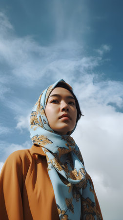 Portrait of young beautiful asian muslim woman wearing headscarf against blue skyの素材