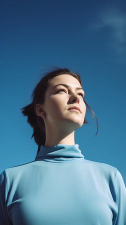 Portrait of beautiful young woman in sportswear on blue sky backgroundの素材