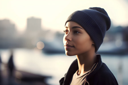 Portrait of a beautiful young woman with a warm hat on her headの素材
