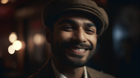 Portrait of a handsome smiling man in a hat. Men's beauty, fashion.の素材