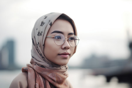 Portrait of a beautiful young muslim woman with glasses and scarfの素材