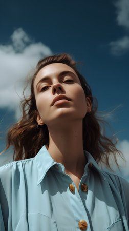 Portrait of a beautiful girl in a blue shirt on a background of blue skyの素材