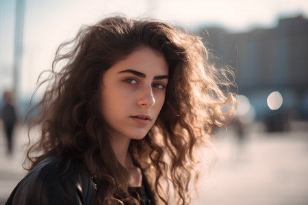 Portrait of a beautiful young woman with curly hair in the cityの素材