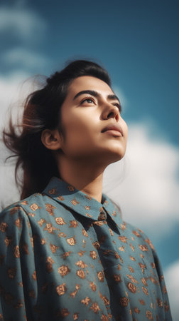 Portrait of a beautiful girl in a dress on a background of blue skyの素材