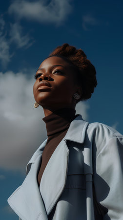 Beautiful african american woman in coat on blue sky backgroundの素材