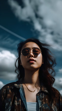 Portrait of a beautiful asian woman with sunglasses on the sky backgroundの素材