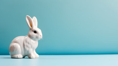 White Easter bunny figurine on blue background. Minimal easter concept.の素材