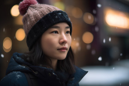 Portrait of a beautiful asian woman wearing winter clothes and hat in the cityの素材