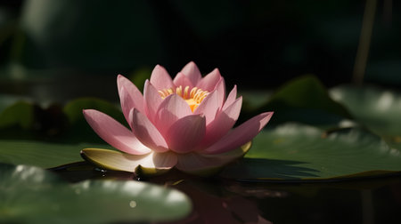 Pink water lily on the lake with green leaves in the backgroundの素材