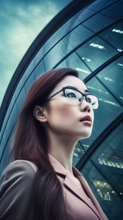 Portrait of a beautiful business woman in glasses on the background of modern buildingの素材