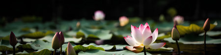 Lotus blooming in the pond with green leaf background, natureの素材