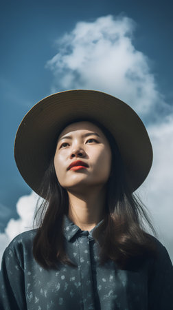 Portrait of a beautiful asian woman wearing a hat with sky backgroundの素材