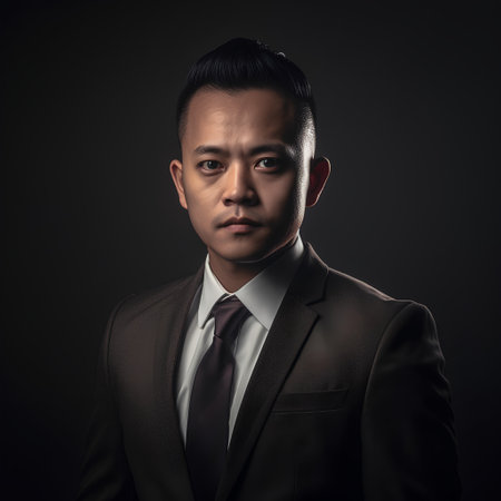 Portrait of young handsome asian businessman in suit on dark backgroundの素材