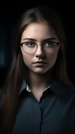 Portrait of a beautiful young girl in glasses. Studio shot.の素材