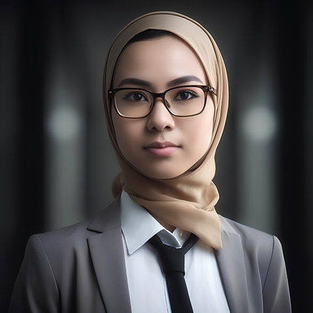 Portrait of beautiful asian muslim businesswoman wearing hijab and glassesの素材
