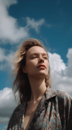 Portrait of a beautiful young woman against the blue sky with cloudsの素材