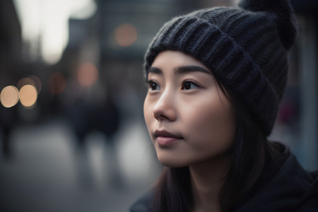 Portrait of a beautiful young asian woman in the city.の素材
