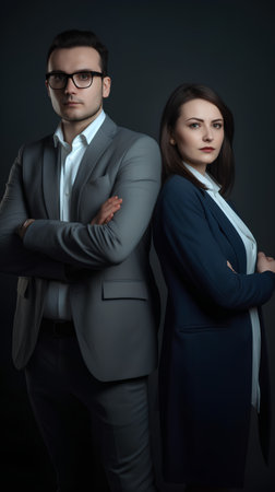 Portrait of a confident business couple standing with arms crossed over dark background.の素材