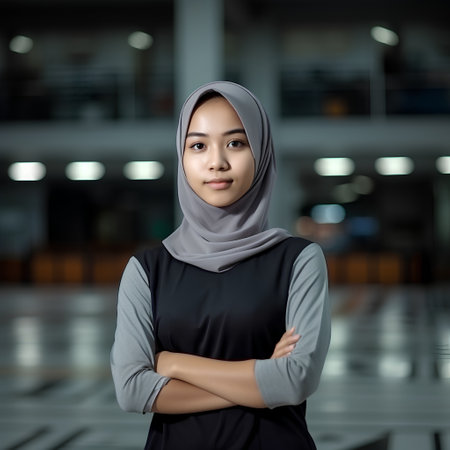 Portrait of a beautiful asian muslim businesswoman with arms crossedの素材