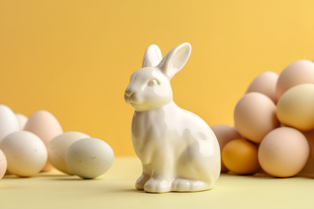 Easter composition with white bunny and eggs on yellow background. 3d renderの素材