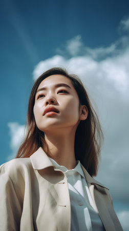 Fashion portrait of a beautiful asian young woman in beige suit on the blue sky backgroundの素材