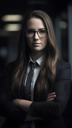 Portrait of a beautiful young business woman in black suit and glassesの素材