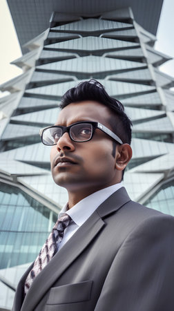 Portrait of young Indian businessman in suit and eyeglasses outdoorsの素材
