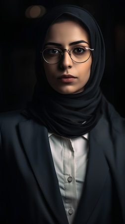 Portrait of a beautiful muslim woman in a suit and glasses.の素材