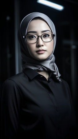 portrait of a beautiful muslim businesswoman wearing glasses and black suitの素材