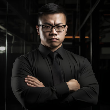 Portrait of Asian business man in black shirt and glasses with arms crossedの素材