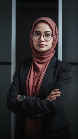 Portrait of young muslim businesswoman wearing hijab and glasses.の素材