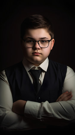 Portrait of a boy in a business suit and glasses on a dark backgroundの素材