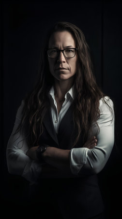 Portrait of a young businesswoman in glasses on a dark backgroundの素材