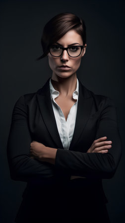 Portrait of a beautiful business woman in black suit and glasses.の素材