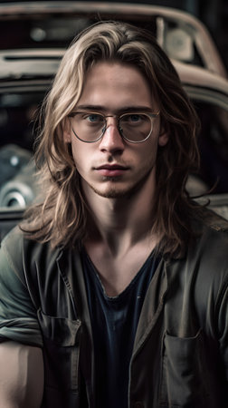 Portrait of a handsome young man with long blond curly hair in glasses and a black leather jacket sitting in a car.の素材