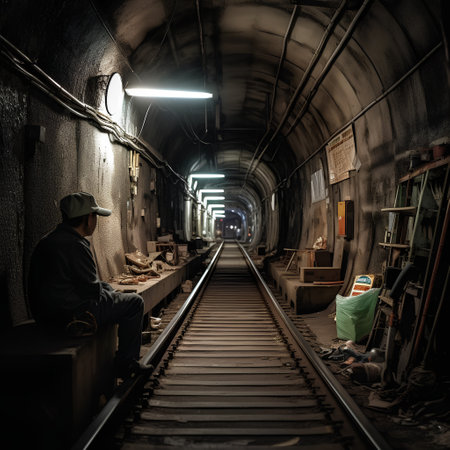 Worker in a mine tunnel at the end of the tunnel.の素材