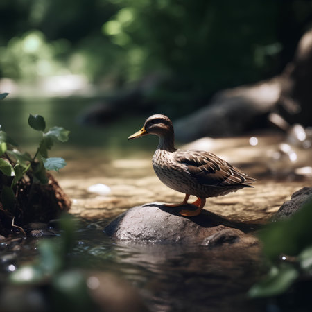 Duck on a rock in a stream in the forest. Selective focus.の素材
