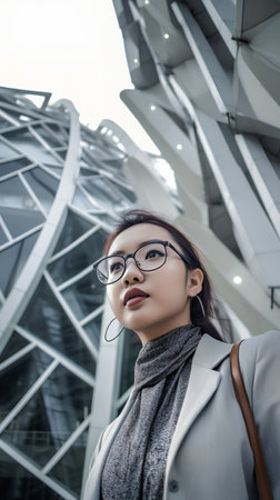 Young Asian businesswoman wearing eyeglasses in front of modern buildingの素材