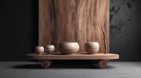 wooden shelf with ceramic vases in dark room, 3d renderの素材