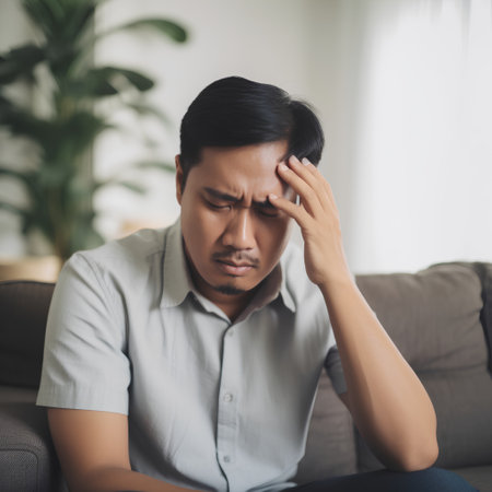 Asian man suffering from headache while sitting on sofa in living room at homeの素材