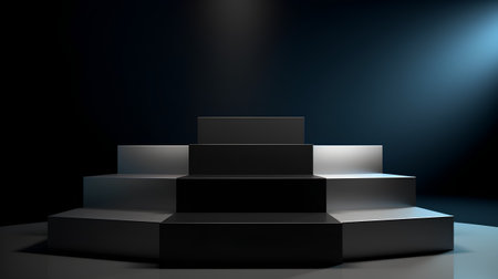 Black podium on dark background with spotlights. 3D rendering.の素材