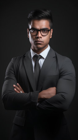 Portrait of a serious young indian businessman with arms crossed on black backgroundの素材