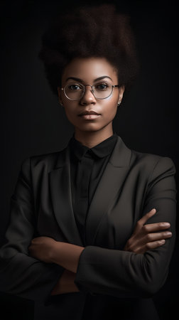 Portrait of a beautiful african american woman in a business suit and glassesの素材