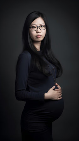 Portrait of beautiful young asian woman in black dress and glassesの素材