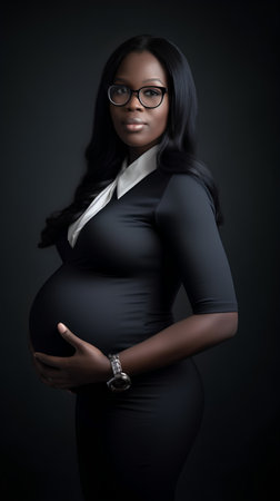 Beautiful african american pregnant woman in black dress and glassesの素材
