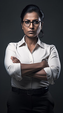 Portrait of a confident businesswoman in eyeglasses standing with arms crossed.の素材